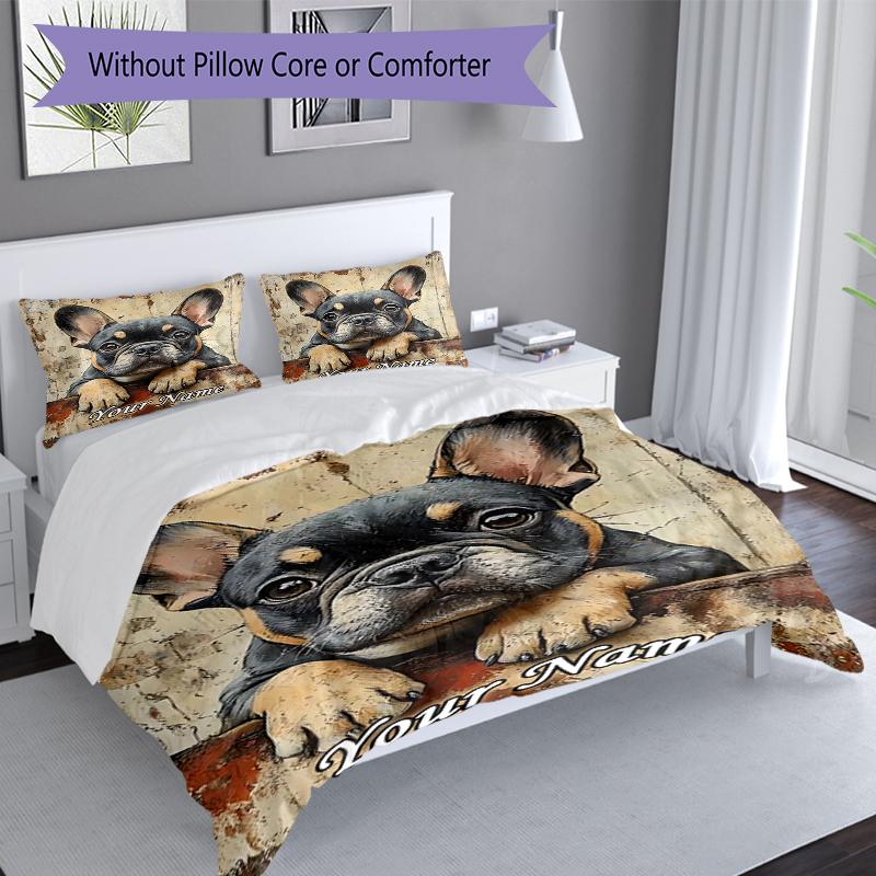 3PC Custom Name French Bulldog Portrait Bedding Set Duvet Cover Closure Includes 1 Duvet Cover & 2 Pillowcases for Bedroom
