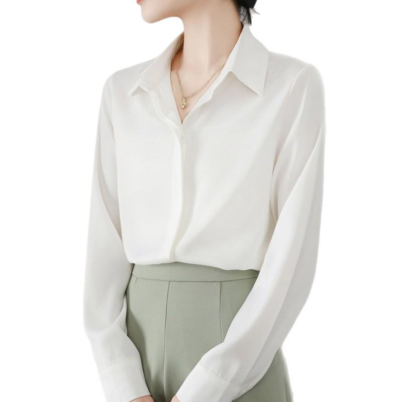 Women's Retro Satin Loose-Fit Long Sleeve Shirt - Hidden Placket, Hong Kong Style, Light Luxury for Spring & Autumn