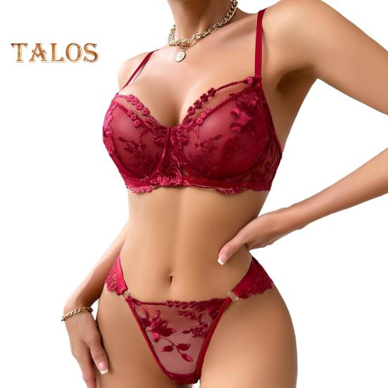 2 Pcs/Set Bra Briefs Set See-through Lace Embroidery with Wire Thin High Waist Tong Wedding Night Honeymoon Valentines Day Underwear Set