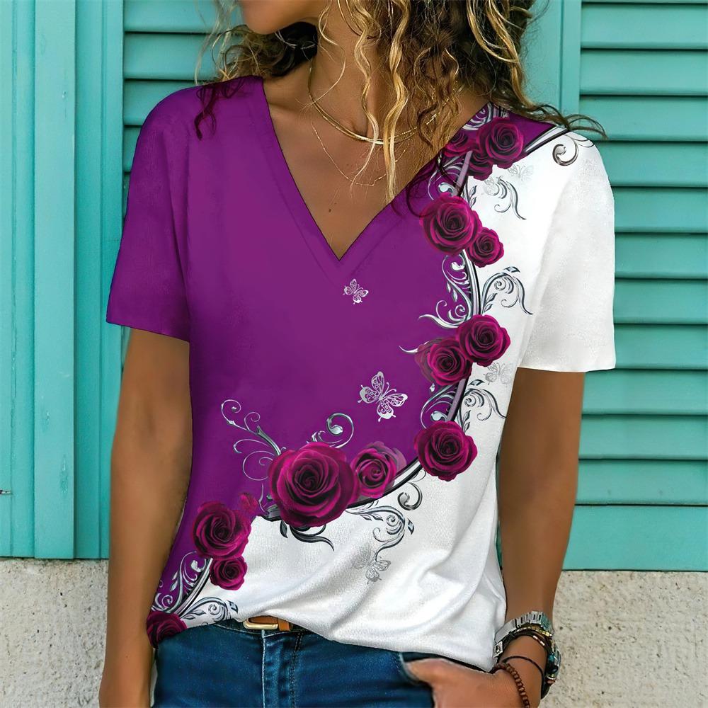 Nowy Damski T-shirt z Nadrukiem Kwiatowym Top Plus Size Odzież Damska Trend Moda Koszulka z Krótkim Rękawem Oversize Bluzka z Dekoltem w Serek