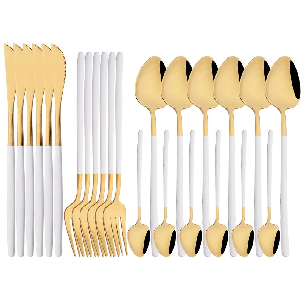 24Pcs Pink Gold Cutlery Set Knife Forks Coffee Spoon Tableware Set Mirror Flatware Stainless Steel Dinnerware Western Silverware