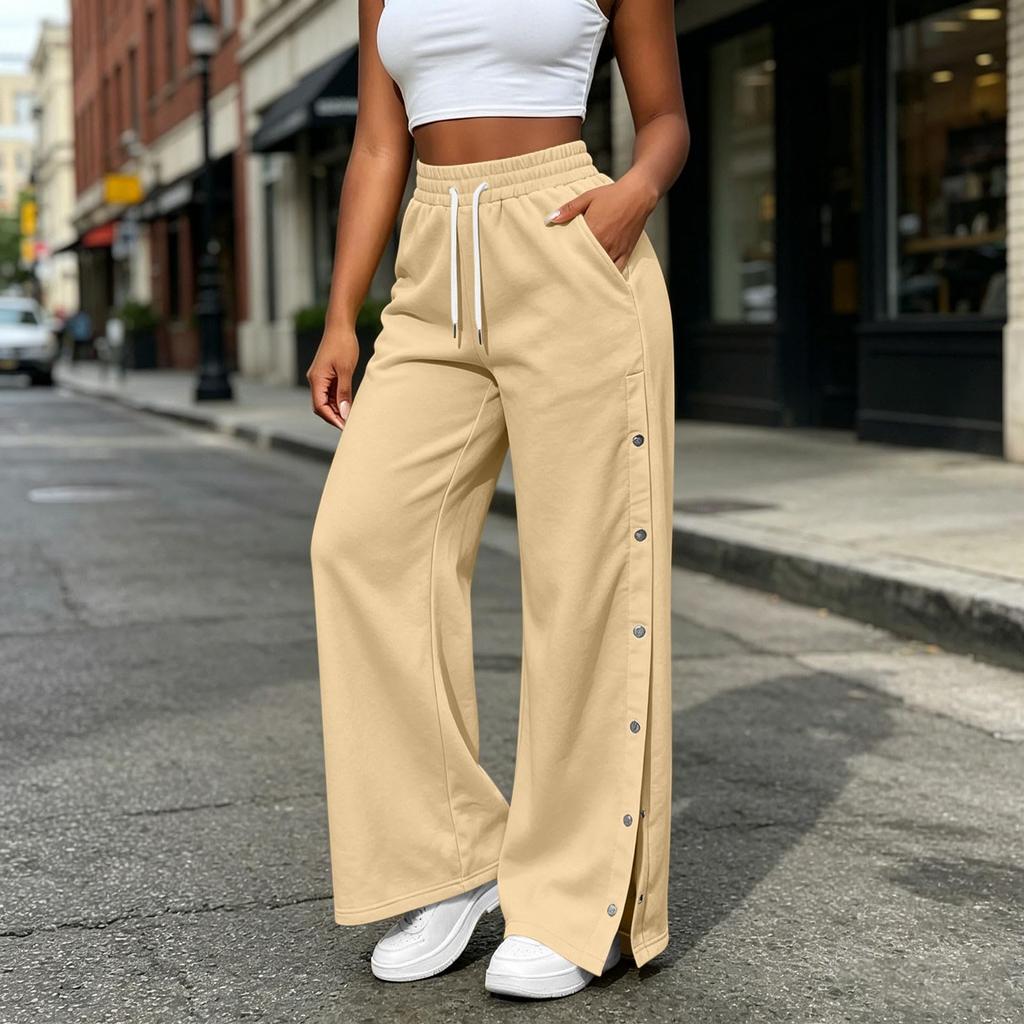 Women's Casual Color Wide Leg Pants with Side Buttons Loose Fit Trousers for Everyday Wear