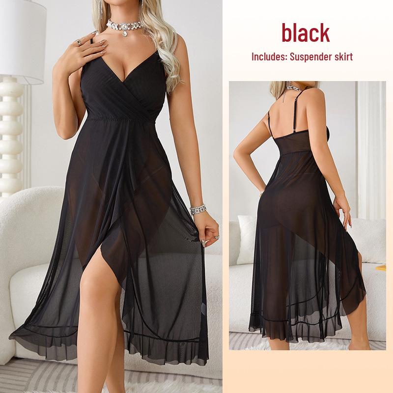 

Elegant V-Neck Slit Backless Sleeveless Nightdress Large чорний