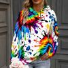 Women Plus Size Long Sleeve Pink White Printed Drawstring Hoodie Kangaroo Pocket Pullover