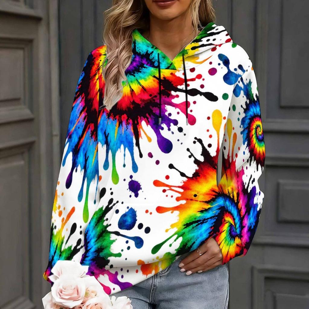 Women Plus Size Long Sleeve Pink White Printed Drawstring Hoodie Kangaroo Pocket Pullover