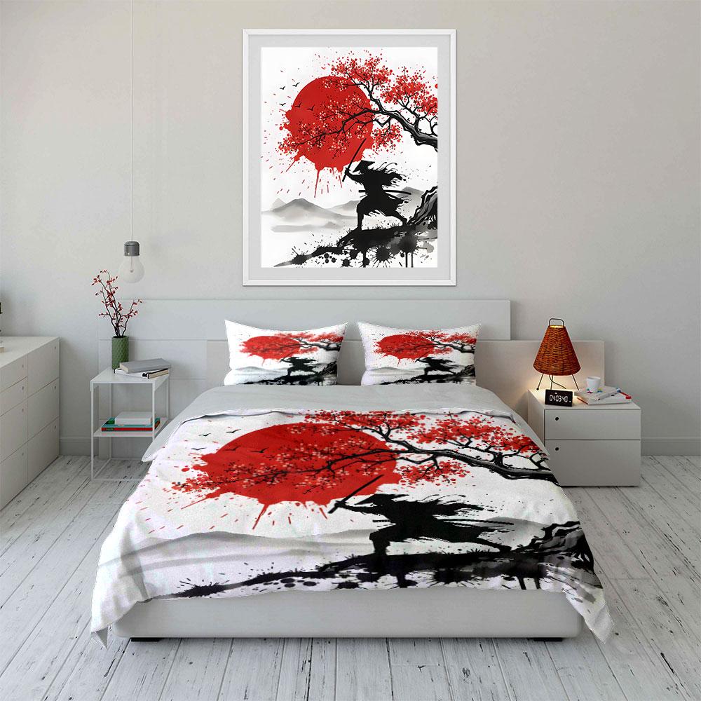 Samurai Under Red Sun Art Bedding Duvet Cover Set (1*Duvet Cover 2*Pillowcases, Without Duvet Insert)