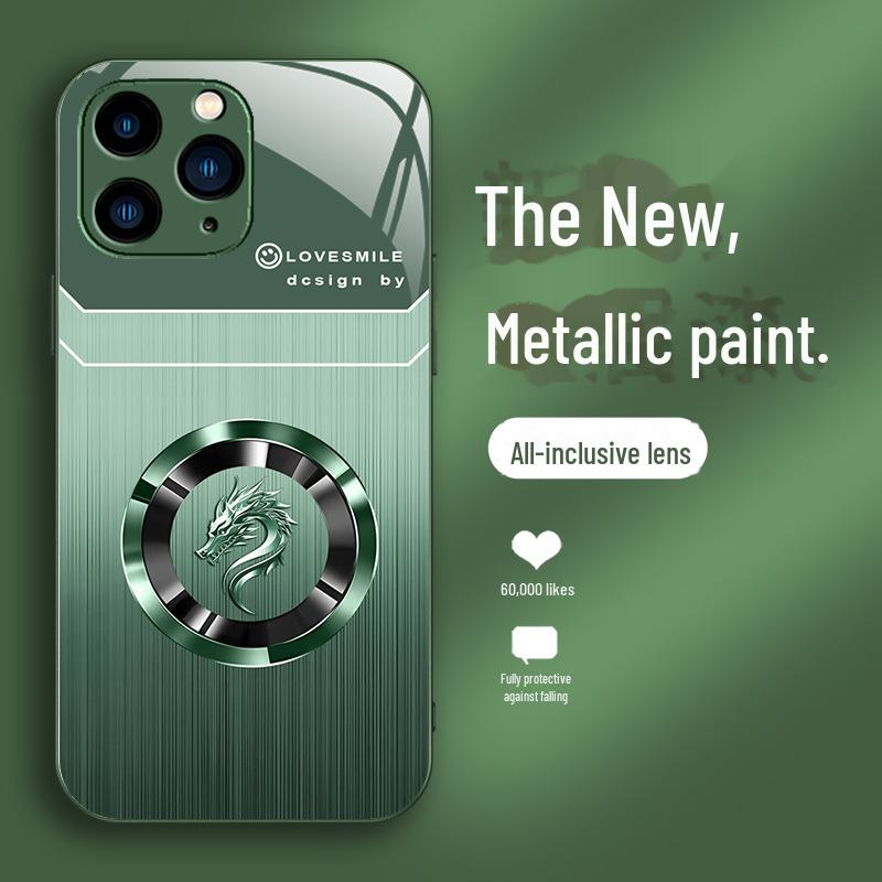 Luxuriöse Ringhülle mit Drachenkopf und Holzmaserung für iPhone 12 Pro, 11, XR, XS, 8, 7. Trendiges Nationaldesign mit doppelten Linienakzenten.