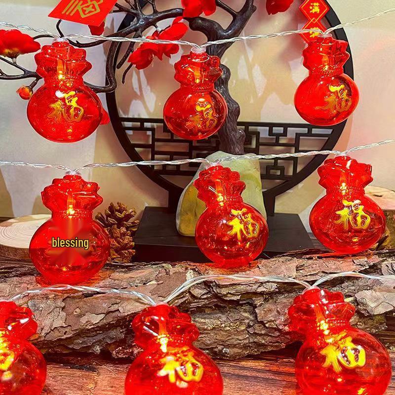 New Year Festival LED Red Hanging Lantern String Lights - Solar/Plug-in Fu Character Decoration