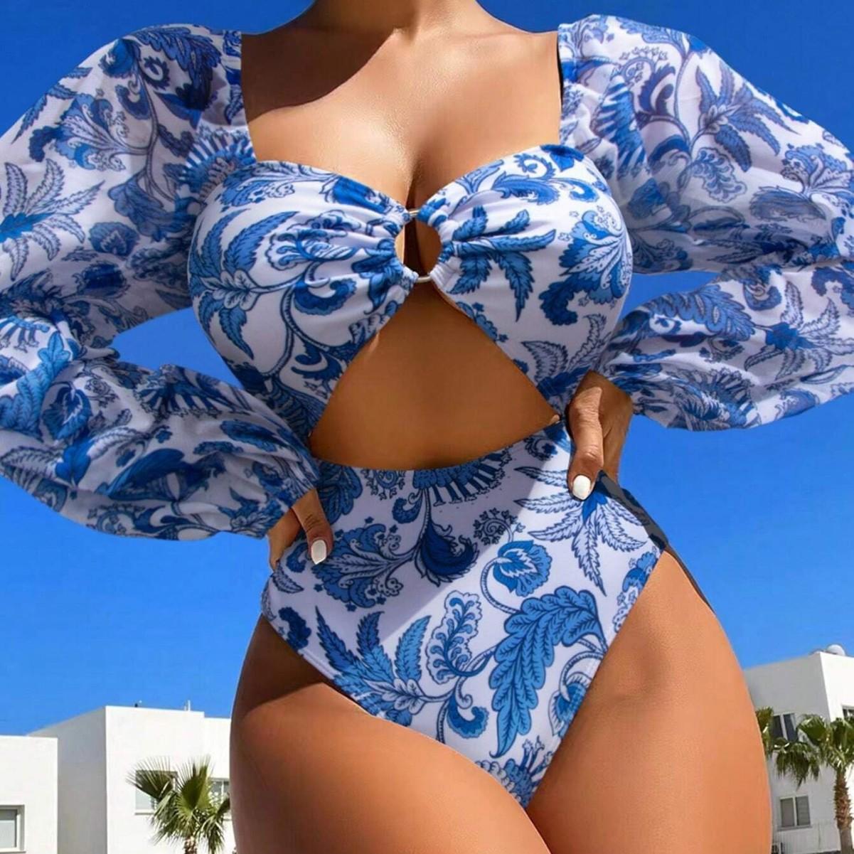 Women s New Print Mesh Long Sleeve Swimsuit Hollow Out One Piece Swimwear, Sexy European American Style 0965 S