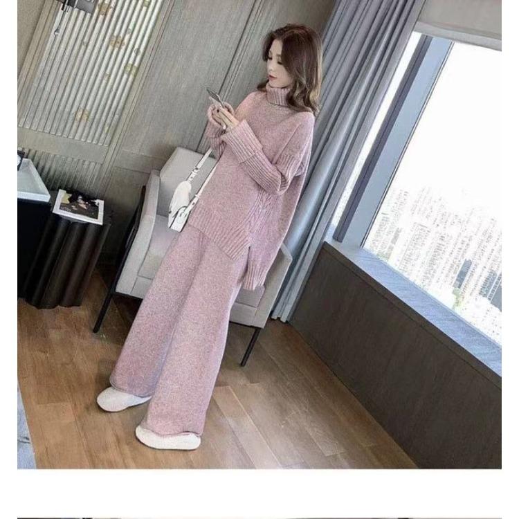 Podzim Zima Volný Ležérní Svetr Kalhoty se Širokými Nohavicemi Dvoudílný Set Ženy Líný Styl Hong Kongská Móda
