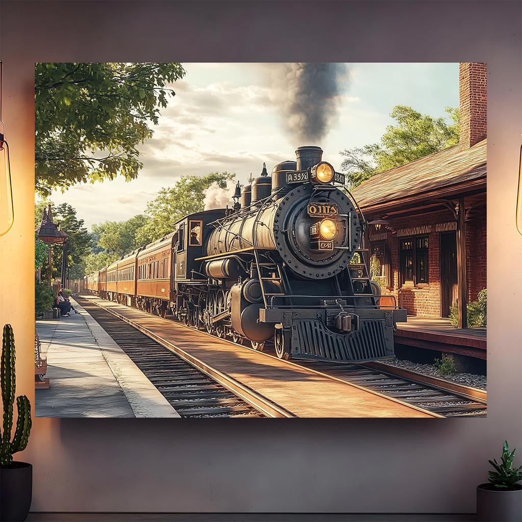 Retro-Bahnhofskulisse, Dampflokomotive, realistische Eisenbahnschienen und Ziegelbahnsteig, Polyester
