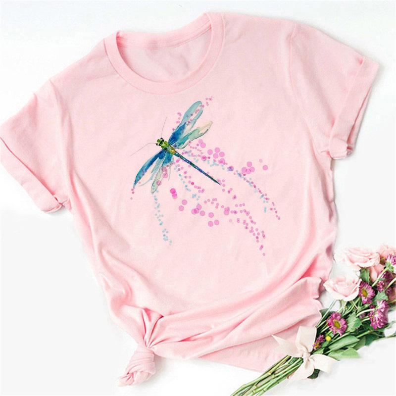 New Love Heart Dragonfly Print Women T-Shirt Fashion Casual Short Sleeves Ladies O-Collar T Shirts Streetwear Graphic Print Tops