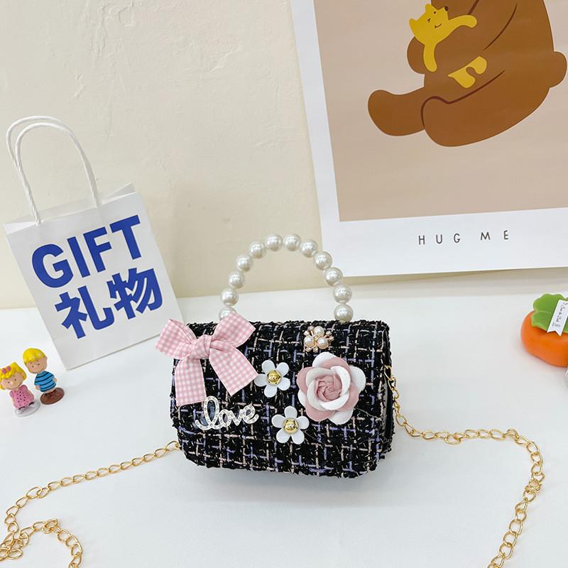 Girls Fashion Cotton Bag With Flower Pattern And Pearl Decor For Outings Casual