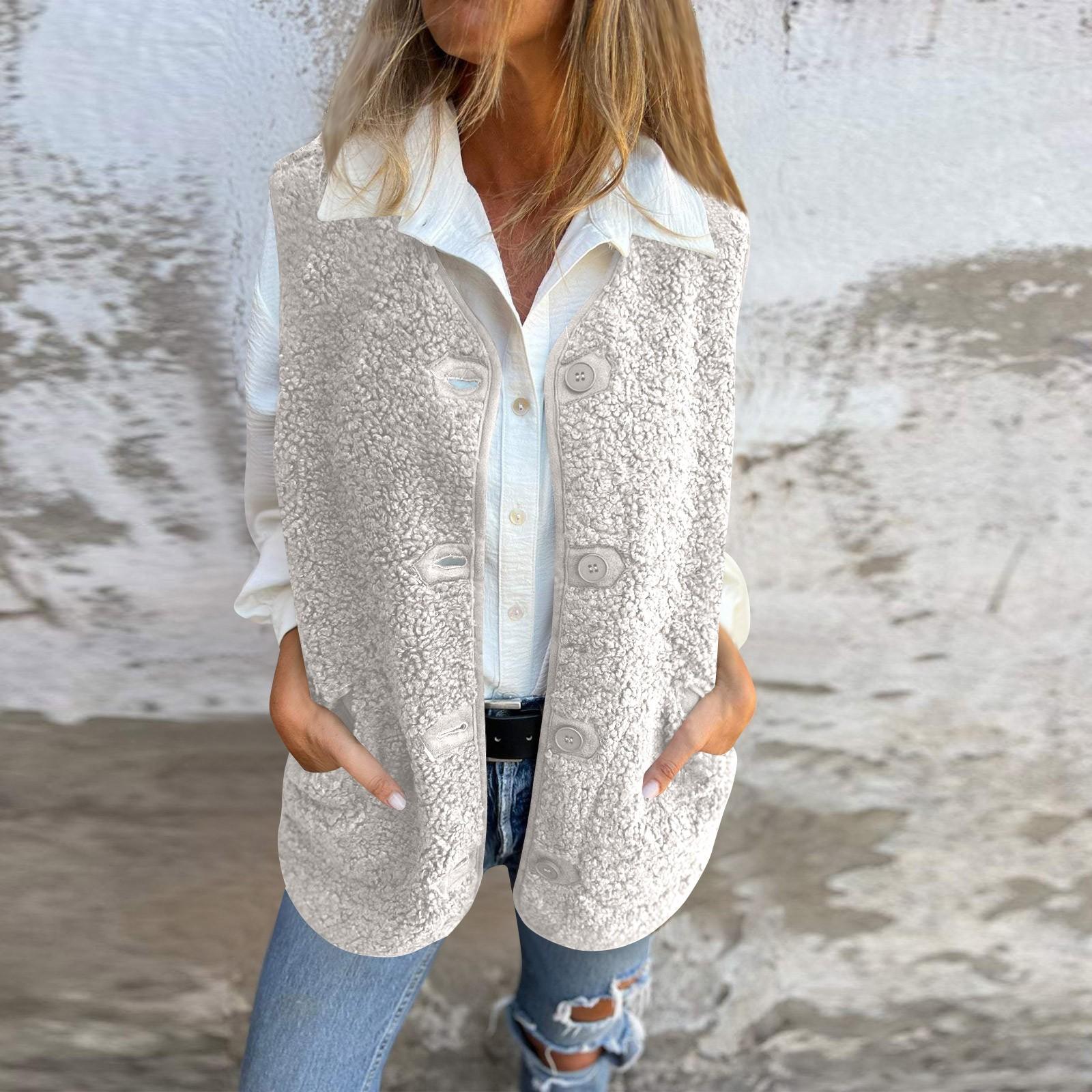 

Женский однотонный укороченный жилет из флиса с карманами на пуговицах без рукавов, куртка, жилет, пальто XL белый