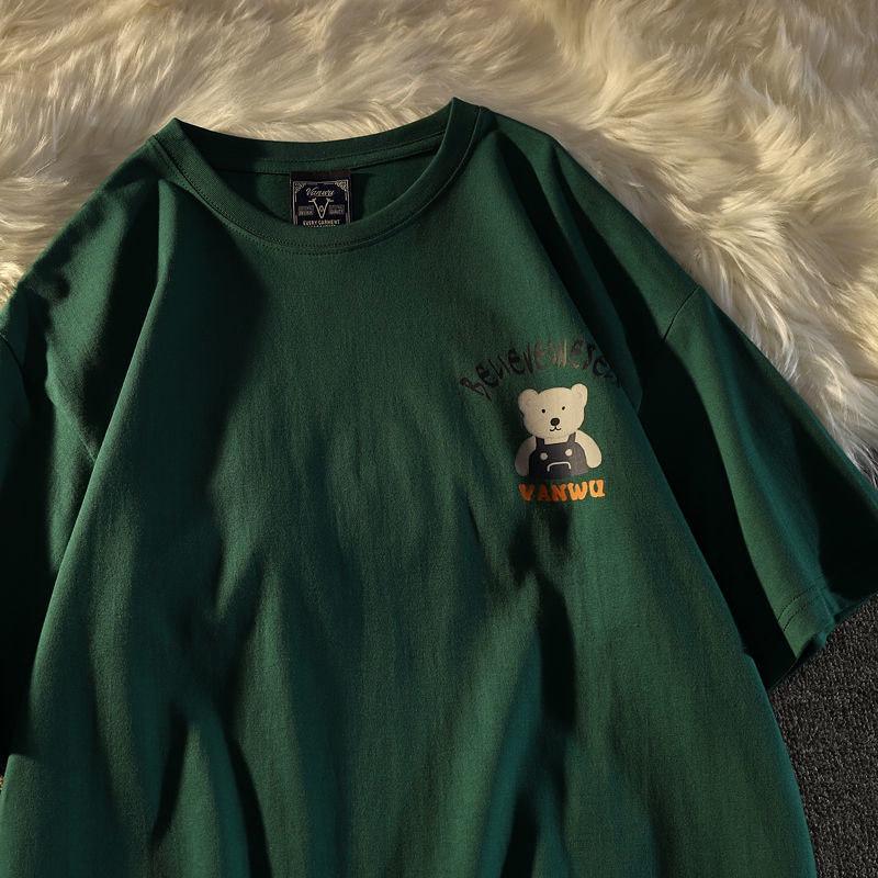 

American Retro Bear Plus Size Unisex T-Shirt, Loose Fit, Short Sleeve, Trendy Couple Wear L (101-115 Jin) темно-зеленого