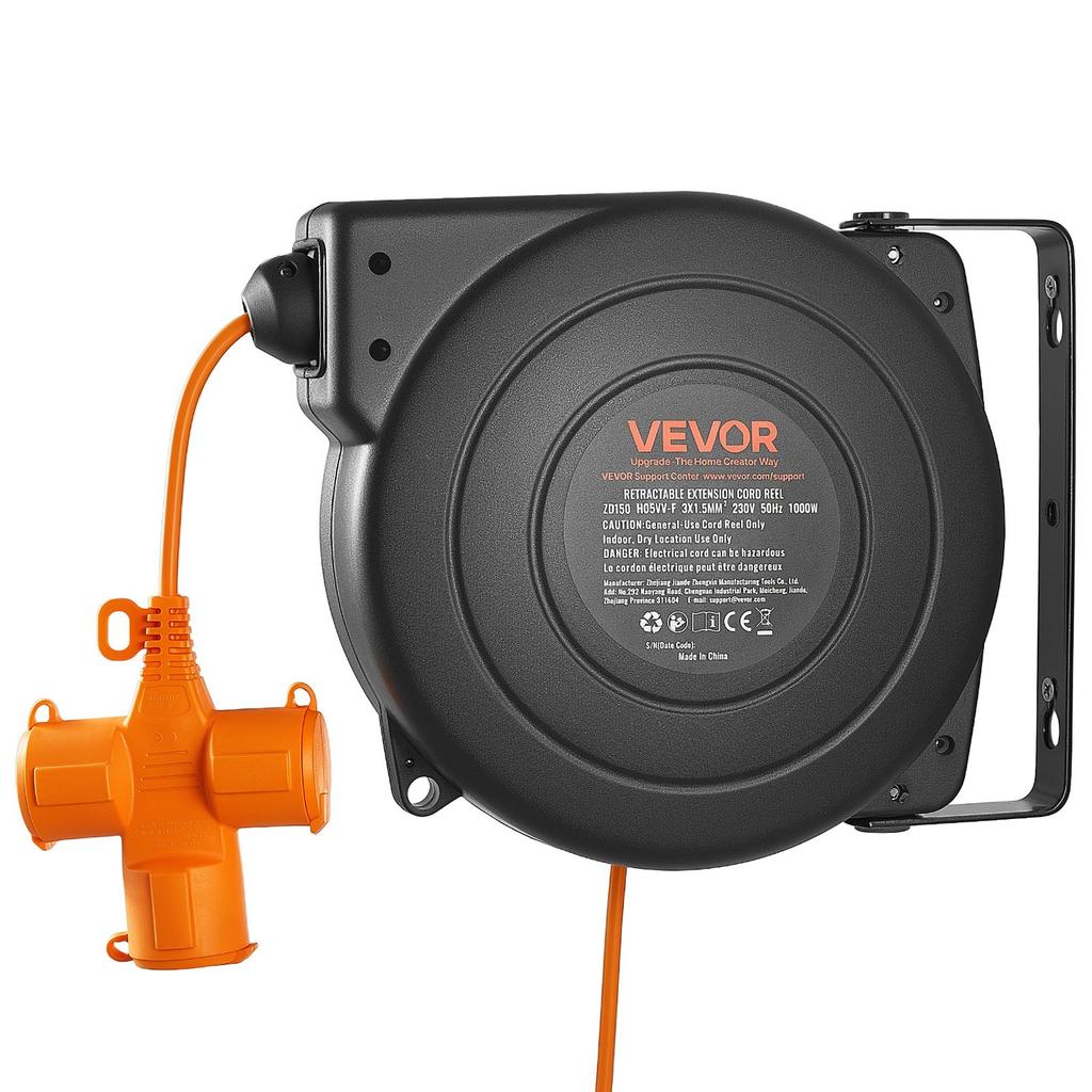 Retractable Extension Cord Reel 15 M Heavy Duty 16AWG / 3C Orange, for Ceiling/Wall Mount, Overheat Protection, Automatic Retractable Power Cord,