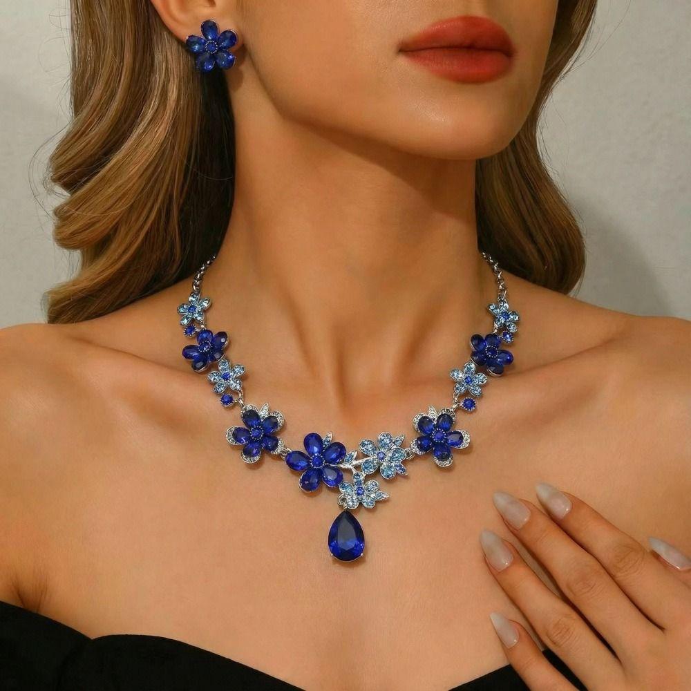 Exquisite Necklace Earrings Set Crystal Flowers Women Jewelry Set Outdoor Wedding