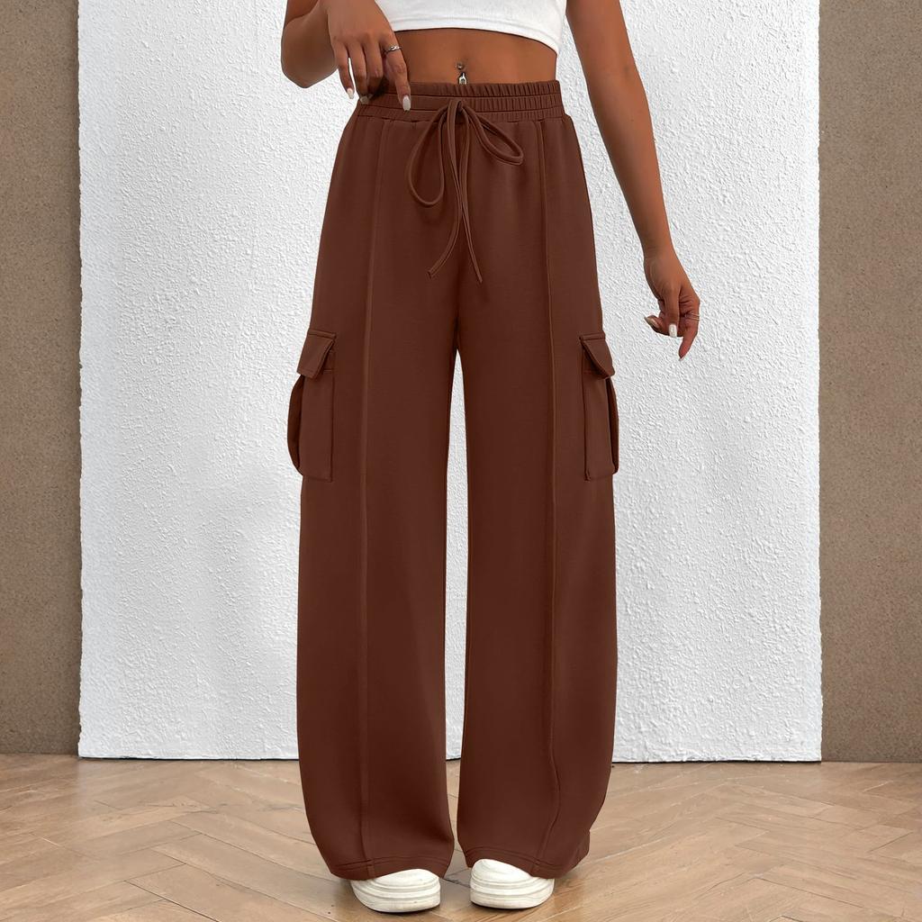 Women's Overalls Casual Lightweight Solid Color Trousers Drawstring Multi-Pockets Straight Leg Pants