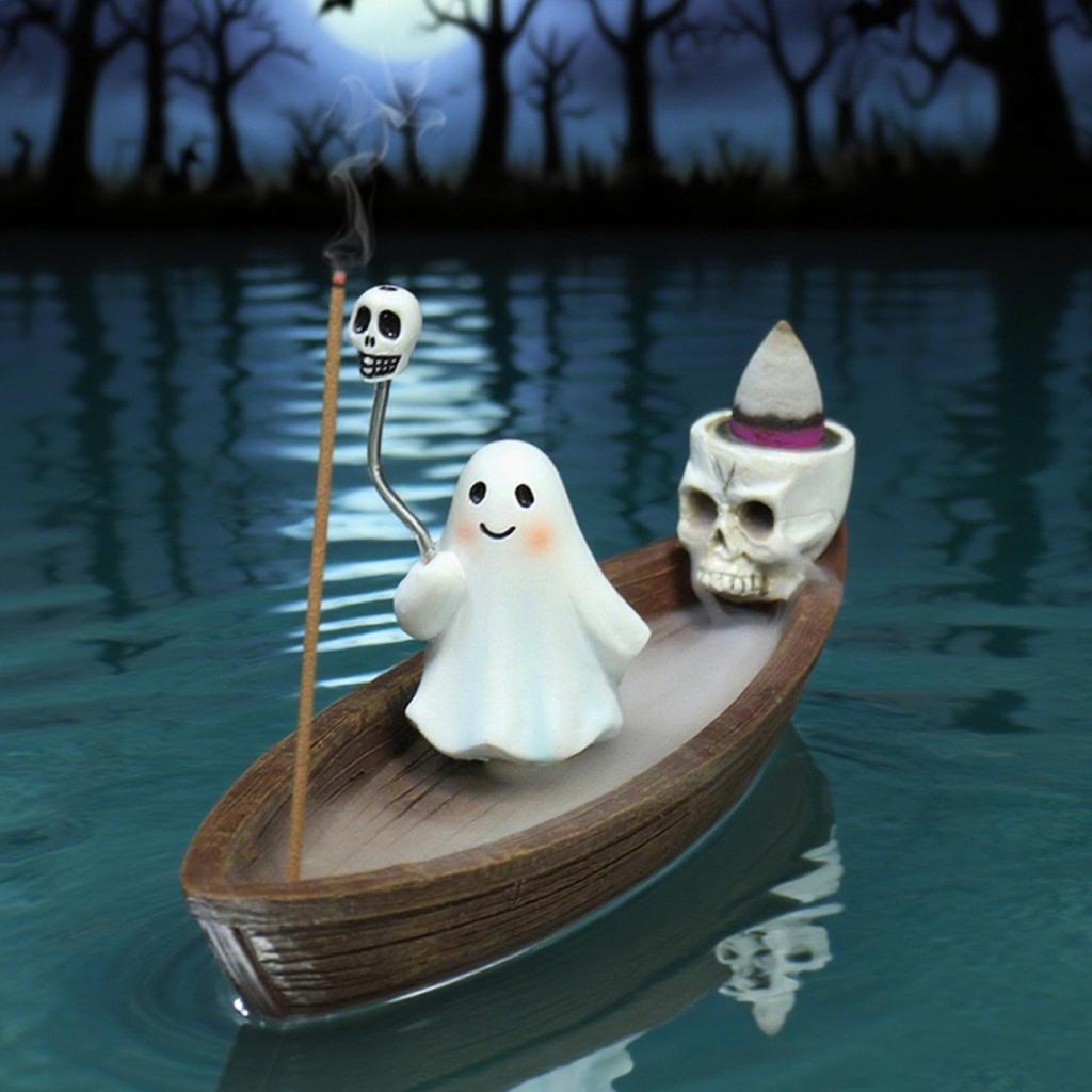 Halloween Skeleton Ship Incense Holder Resin Ghost Incense Burner Rack Gothic Censer Ornament Zen Meditation Decor For Bedroom