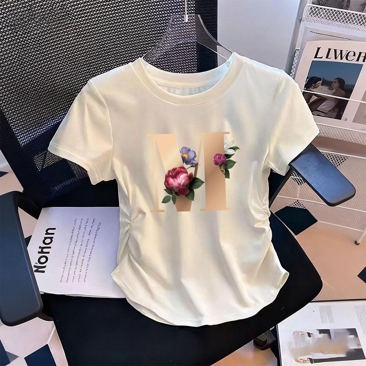

Womens WaistDefining Elastic T Shirt Floral Letters M printed Short Sleeve Round Neck top tee Casual Cute tshirts S