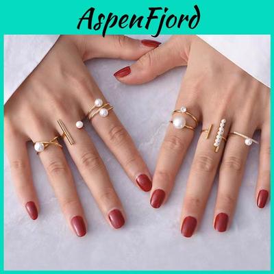 French Minimalist Pearl Ring Pack With Cubic Zirconia Accents For Elegant Women