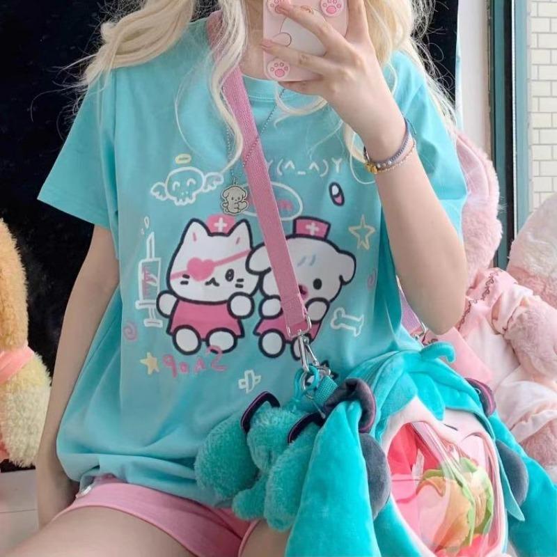 2KWEIRD Harajuku Sladké Kawaii Trička s krátkým rukávem Léto Nové O-výstřih Univerzální Topy Ženy Y2k E-Girl Středně dlouhé Volné Tričko