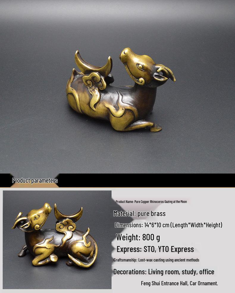 Brass Rhinoceros Moon Gazing Pen Holder - Artistic Home Office Decor Gift