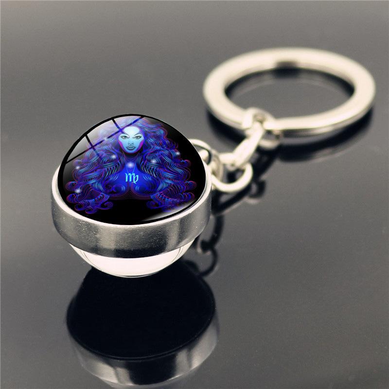 Fashion 12 Constellation Keychain Double Side Glass Cabochon Ball Keychain Zodiac Signs Key Rings Jewelry for Women Men Gift