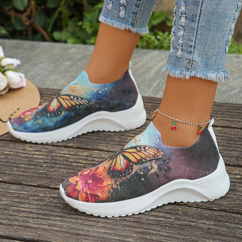 Butterfly Printed Breathable Knitted Sneakers for Women  Spring Slip On Flat Heels Casual Shoes Woman Lightweight Loafers