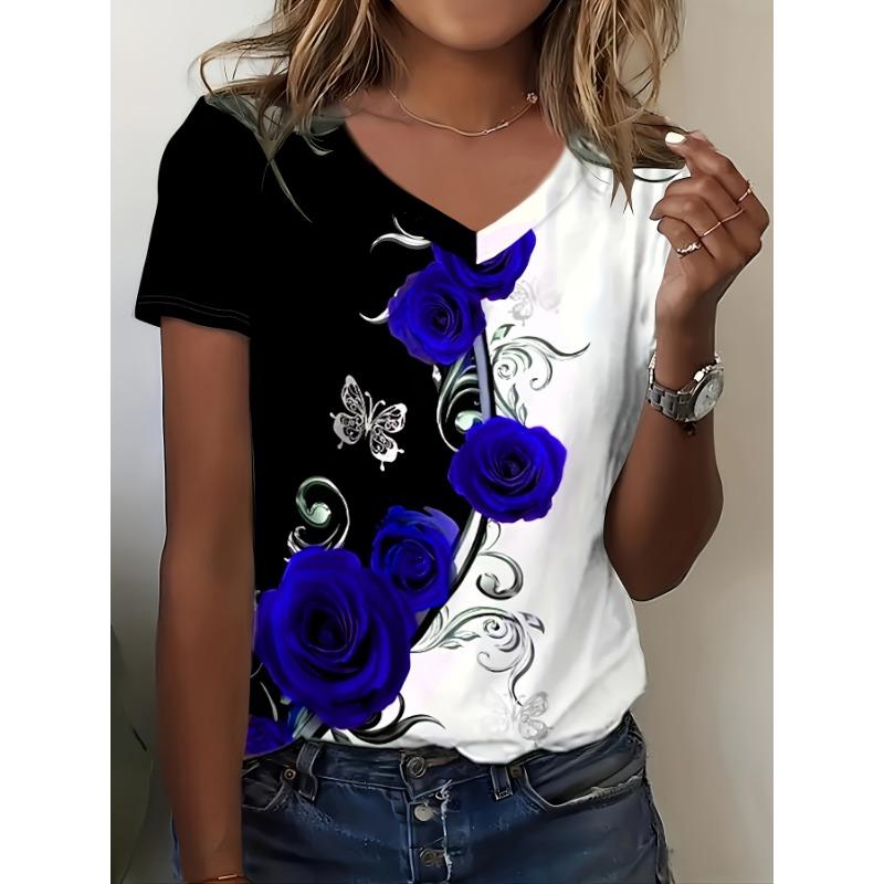 Rose Print Contrasting Short Sleeved T-shirt, Women's Casual Round Neck Top
