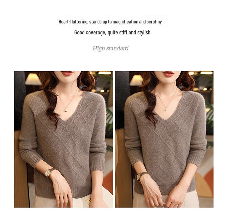 Autumn/Winter 2025 Women's V-Neck Wool Jacquard Aran Cable Knit Sweater