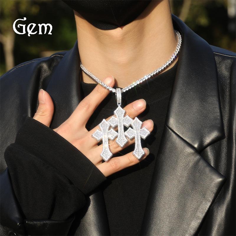 Retro Cross Pendant Men's Necklace with Copper Ladder Square Zirconium