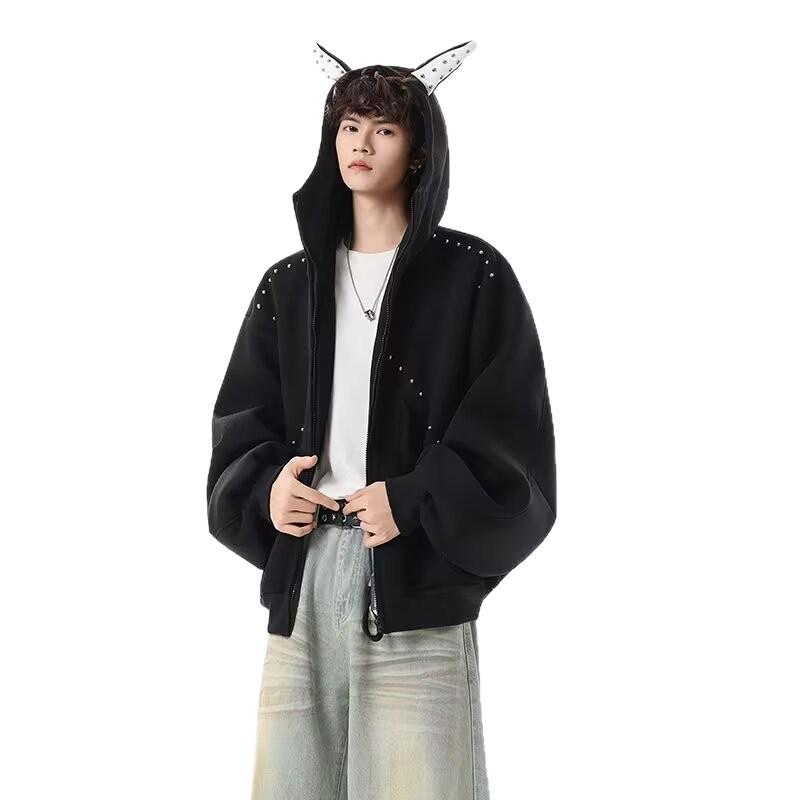 Men's Designer Rivet Patch Doberman Ear Hoodie - Autumn/Winter Trendy Heavyweight Cardigan Jacket