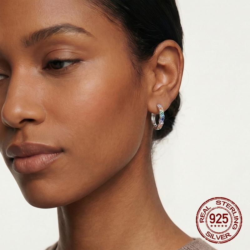 925 Sterling Silver Rainbow CZ Paved Wavy Hoop Earrings Colorful Crystal Huggie Hoops Earrings for Women Jewelry Gifts