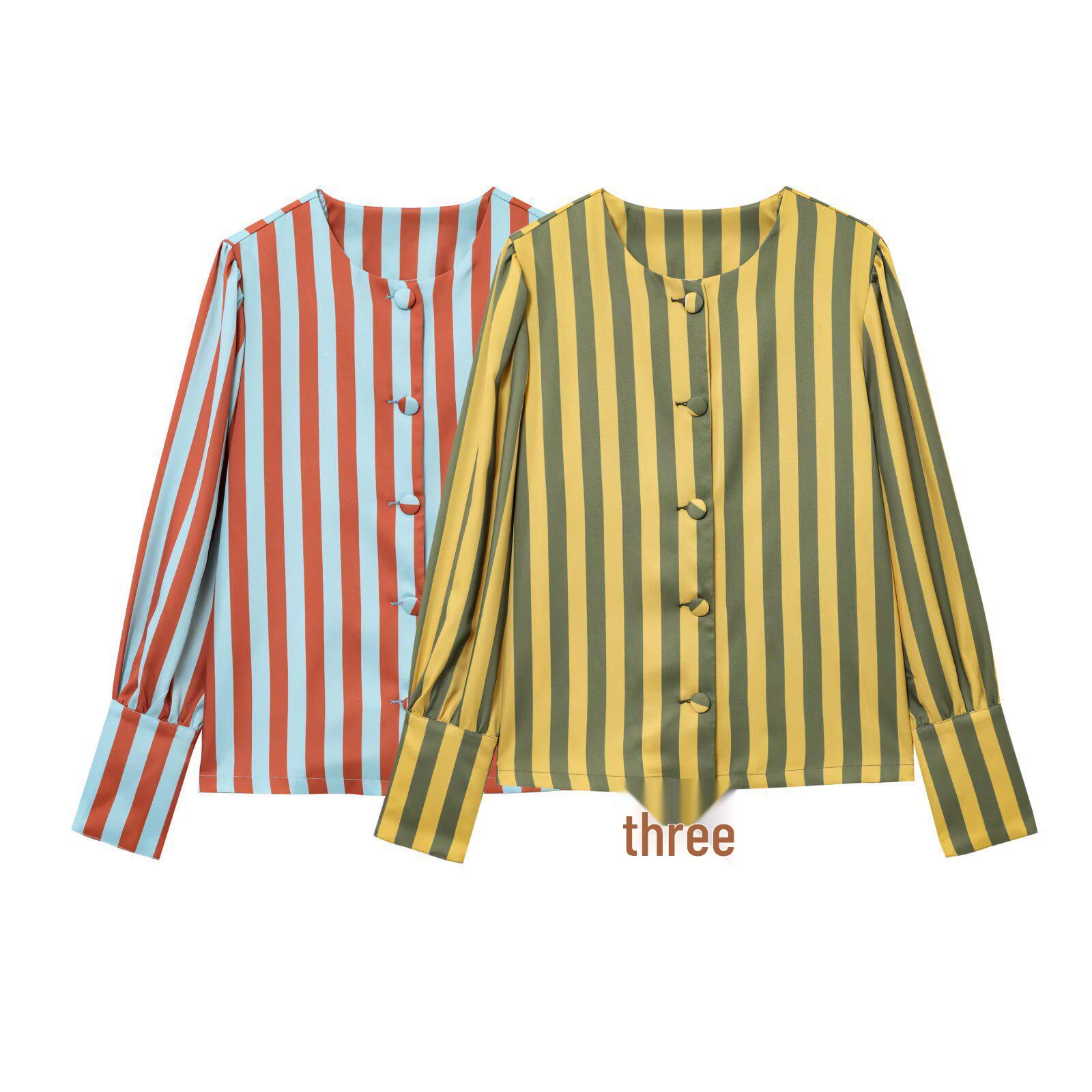 

European & American Women s 2025 Spring Striped Puff Sleeve Button Top M