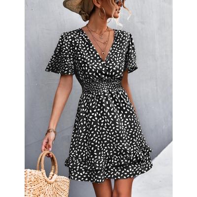 Seksowna sukienka codzienna z nadrukiem z krótkim rękawem i dekoltem w serek Kobiety Moda Wyszczuplająca z wysokim stanem Letnia sukienka Kobieta Falbanki Linia A Kobiety Eleganckie sukienki 806