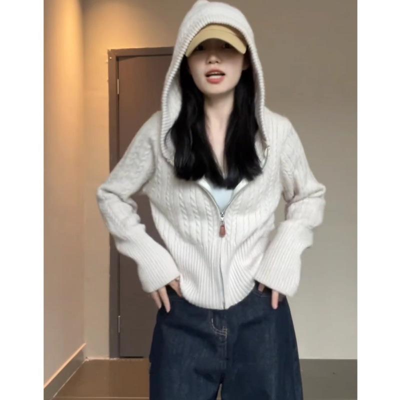 Women's Knit Hooded Cardigan: Autumn/Winter Korean Style Zipper Sweater, Wool Short Coat with Waist-Cinching Design