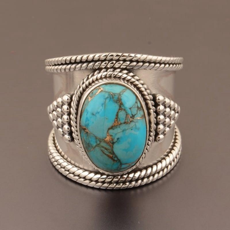 Bohemian Vintage Geometric Imitation Turquoise Ring for Women's Ethnic Jewelry, Daily and Party Clothing Accessories