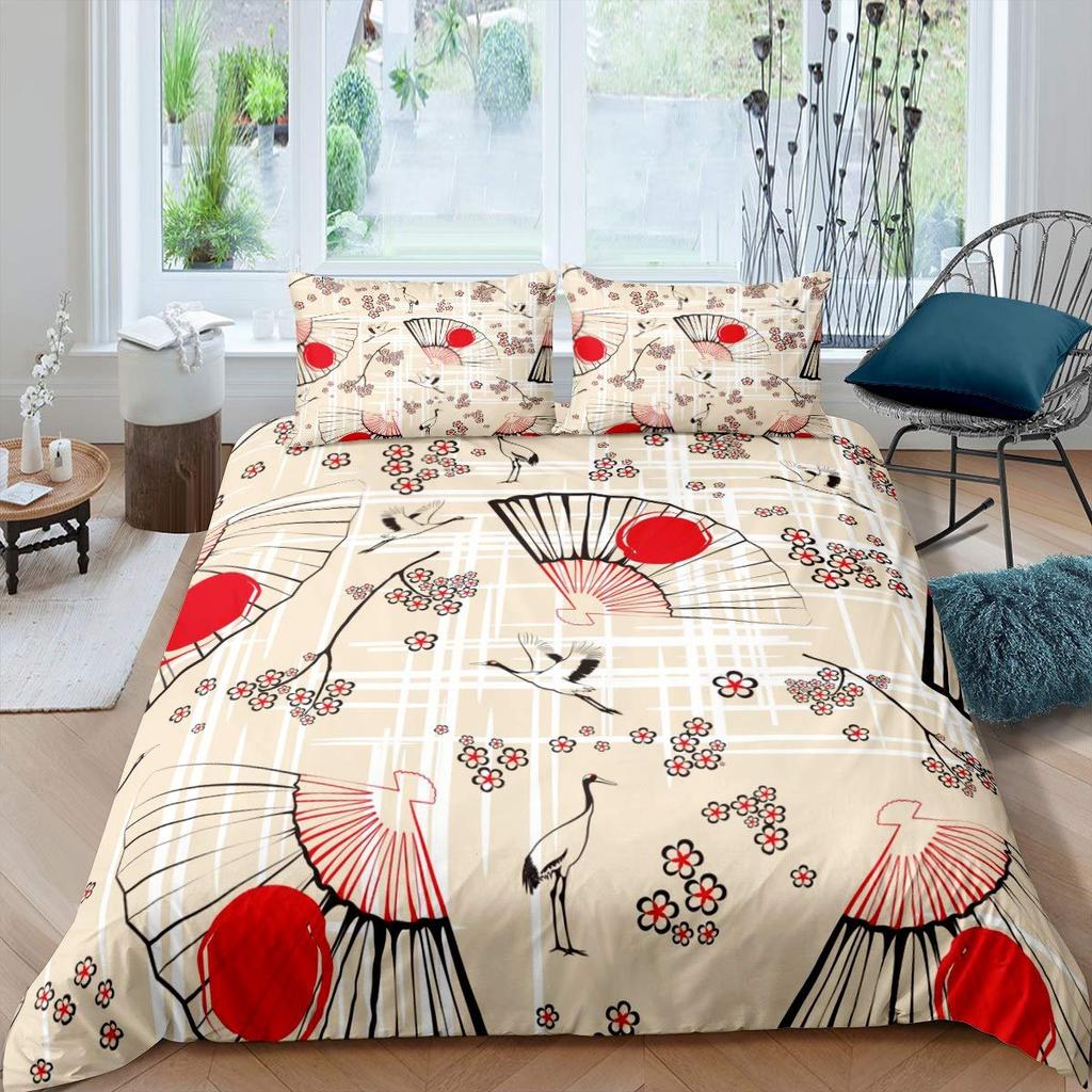 Comforter Crane Queen Size Japanese-Style Bedding Set Cherry Blossoms Pattern Women Girls Japanese Traditional