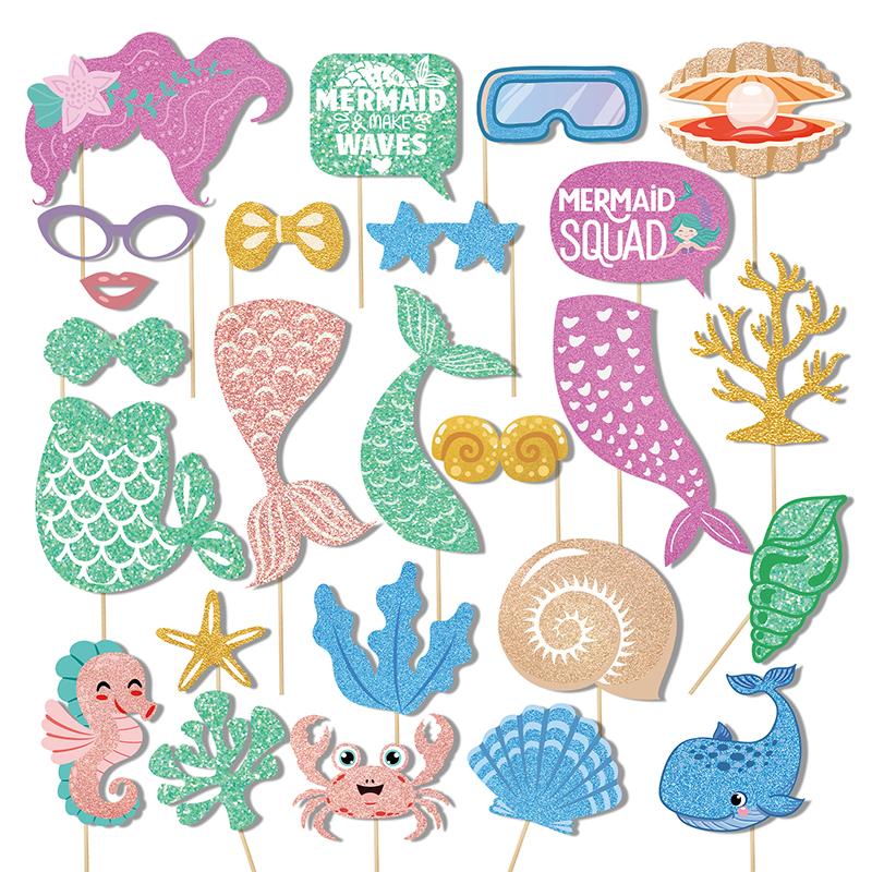 25pcs/set Mermaid Party Handheld Photo Booth Props Little Mermaid Whale Seaweed Photo Prop Girls Mermaid Birthday Party Supplies