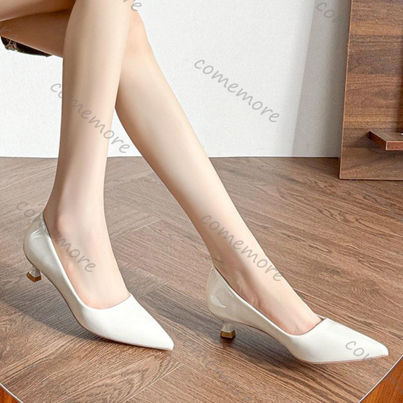 Comemore 3cm Low Heeled Shoes for Women Bright Patent Leather Pointed Toe Pumps Temperament Commuting Shallow Mouth Single Shoes
