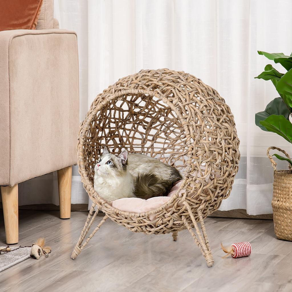 Rattan Elevated Cat Bed House Kitten Basket Ball-Shaped Pet Furniture W/ Removable Cushion - Natural