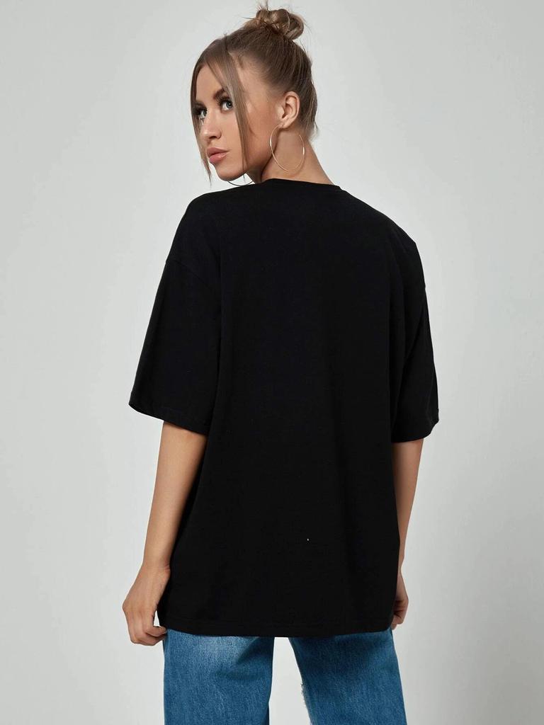 Women's Casual Black Round Neck Short Sleeve Print T-shirt