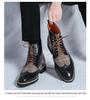 British Men's Mid-High Leather Brogue Boots: Fashionable Retro Business-Casual, Pointed Toe, Height-Increasing.