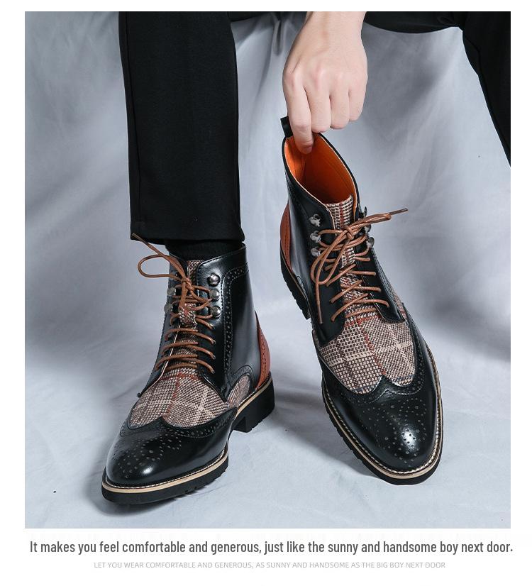 British Men's Mid-High Leather Brogue Boots: Fashionable Retro Business-Casual, Pointed Toe, Height-Increasing.