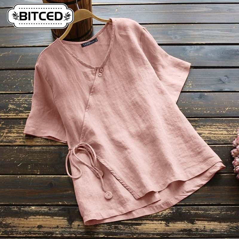BITCED Women's Fashion Casual Solid Color Print Short Sleeve V Neck Blouses & Shirts
