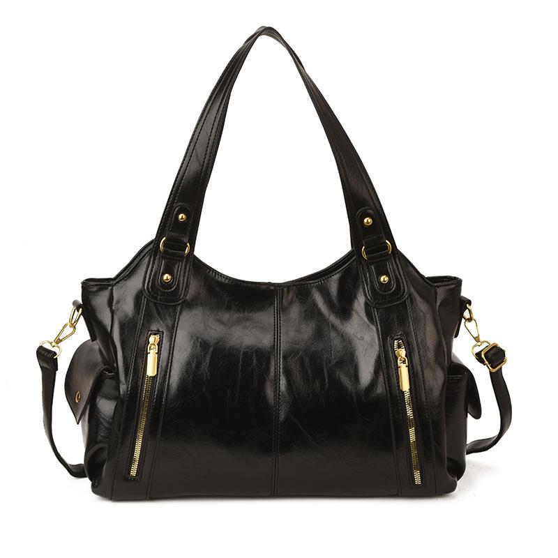 

PU Tote Bag Women Fashion Shoulder Bag With Gold Zipper Detail Spacious Design Handbag Everyday Use чёрный