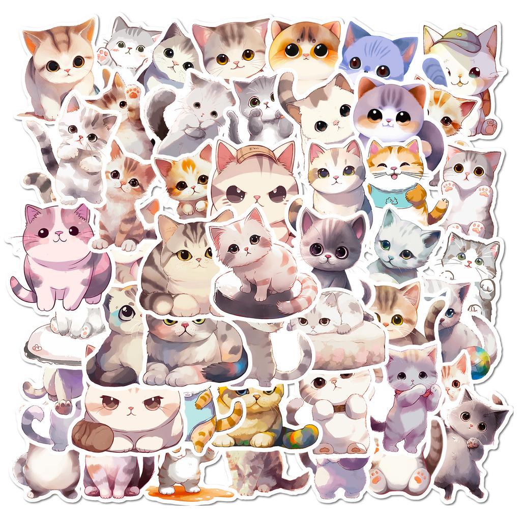 50 Watercolor Cat Stickers Cute Cartoon Animal Cat Head Watercolor Cat Stickers