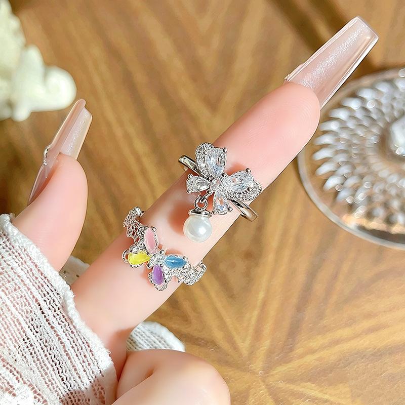Colorful Zircon Bead Butterfly Open Ring Sweet Dreamy Niche High‑End Adjustable Stack‑Wear Personalized Fashion Jewelry