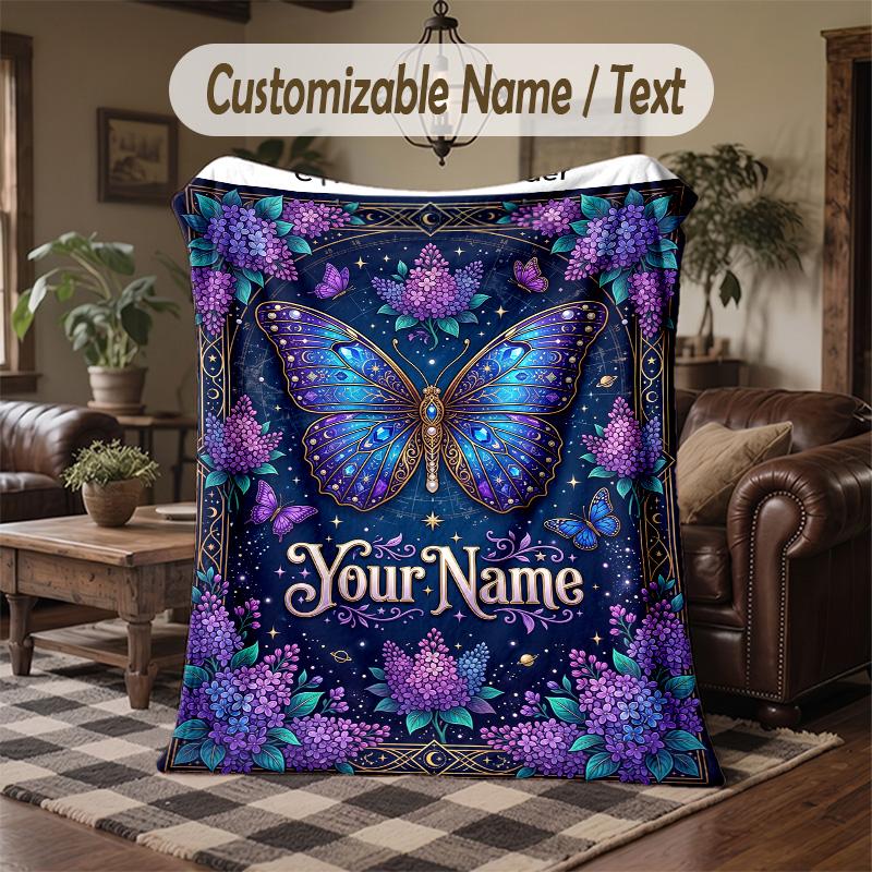 Butterfly Dreams Space Theme Throw Blanket Custom Name Text Personalized Blanket Soft Cozy Blanket for Home Sofa Bed